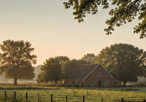 Achterhoekse boerderij tussen eiken bij zonsopkomst